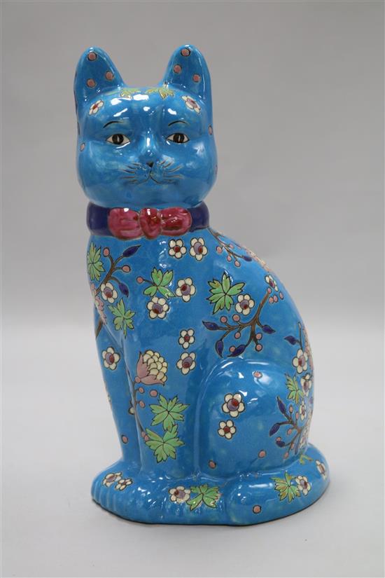 A Longwy style ceramic model of a cat, 10.75in.